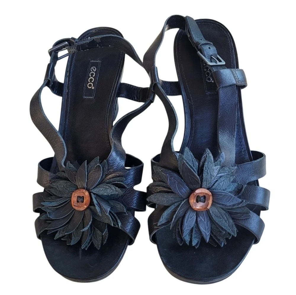 ECCO Black Leather Wedge Heels With Floral Design Buckle Strap Size 39 US 8.5-9